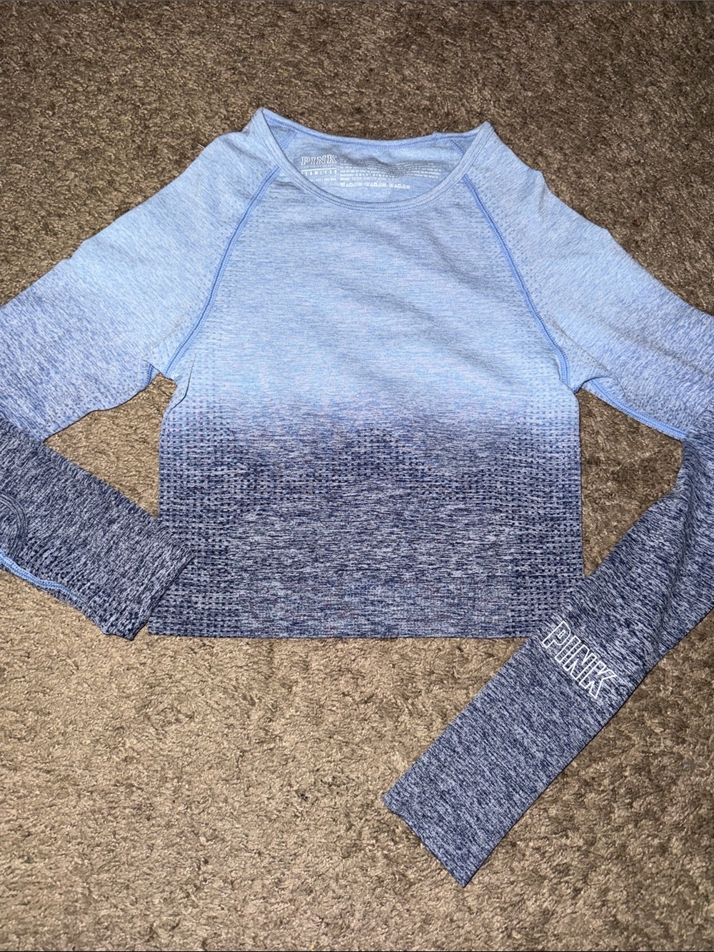 PINK Women’s XS Ombre Blue Seamless Cropped Athletic Long Sleeve W Thumb Holes